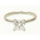 A platinum diamond single stone ring The square shaped diamond within a four claw setting, hallmarks