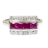 A synthetic ruby and diamond dress ring Of geometric design, the square shaped synthetic ruby line