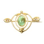 An early 20th Century Murrle Bennett & Co. 15ct gold emerald and split pearl brooch The oval emerald