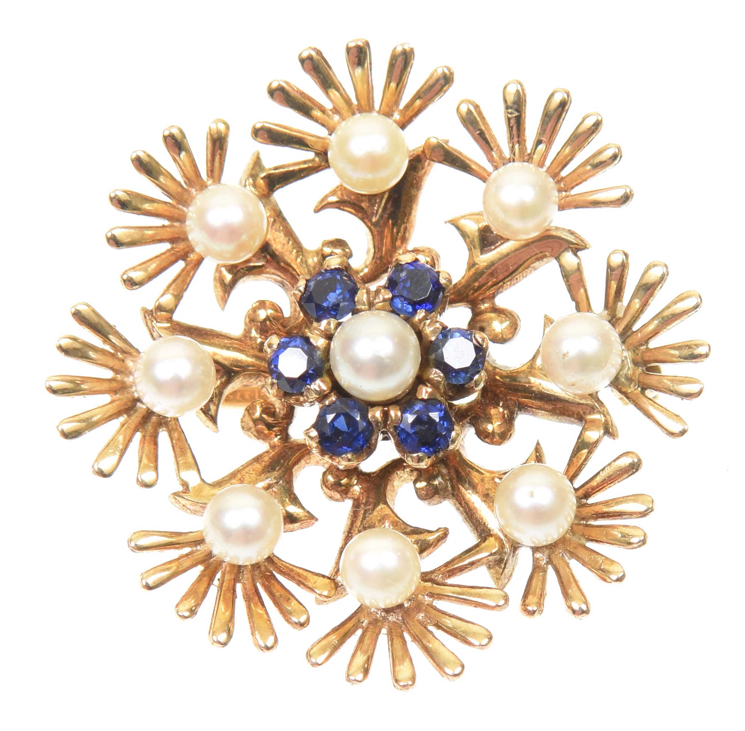 A 1960s sapphire and cultured pearl brooch by Cropp & Farr The cultured pearl and circular shaped