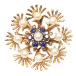 A 1960s sapphire and cultured pearl brooch by Cropp & Farr The cultured pearl and circular shaped