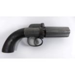 A six shot percussion cap pepperbox pistol, mid 19th Century 7cm barrel, with engraved action and