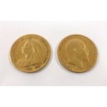 Two gold half sovereigns First Queen Victoria old head, London Mint dated 1899, Edward VII London