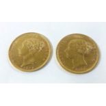 Two Queen Victoria young head gold half sovereigns Dates 1878 and 1884 (2)