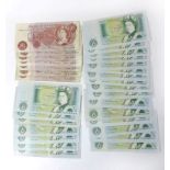 A collection Queen Elizabeth II bank notes To include seven ten shilling notes cashier JS Forde,