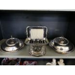 A mixed lot of silver-plated items comprising three various entree dishes, small table basket and
