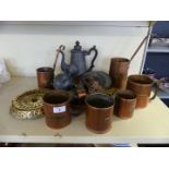 A mixed lot of various metalwares to include copper measures, copper pan, pewter coffee pot and