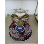 A mixed lot comprising two Imari plates, a Sadler teapot, small brass galleried tray, a brass letter