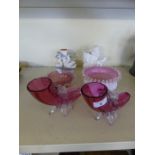 A mixed lot comprising a pair of cranberry and clear glass Cornucopia vases, two frilled glass