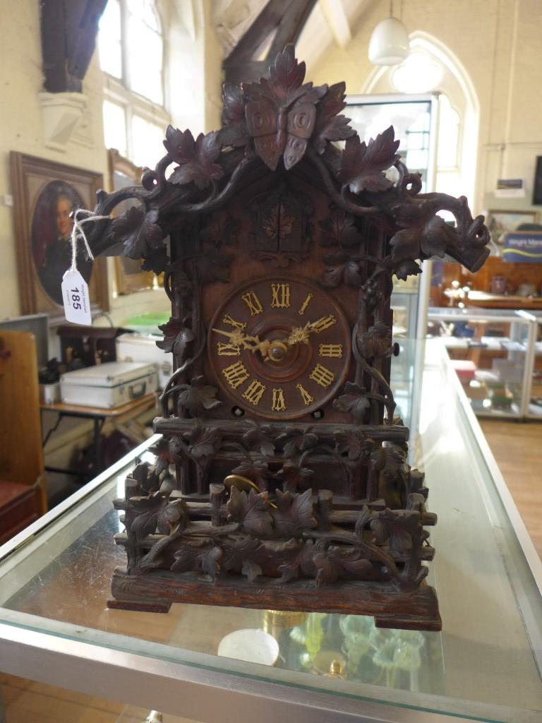 A Victorian Black Forest carved wood cuckoo mantle clock Carved with oak leaves, central butterfly - Image 3 of 19