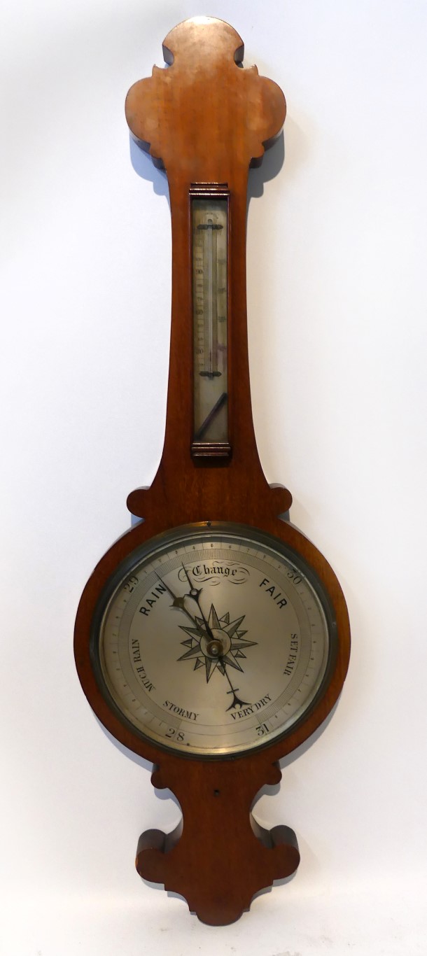 A large Victorian mahogany framed wheel barometer 30cm circular silvered dial, with weather