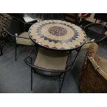 A Mosaic effect circular patio table and four conforming tubular patio chairs, (5)