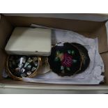 A collection of compacts Some with Chinese style decoration, floral design, and a hat pin, etc. (6)