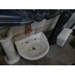 A Salisbury foliate pattern ceramic basin, pedestal and toilet cistern.