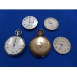 A gold plated full hunter pocket watch Signed Waltham USA, together with a white metal stopwatch,