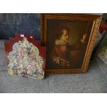 A painted folding scrap screen And a gilt framed oleograph of a young boy.