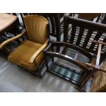 An Early 20th Century oak stick stand, a string top stool and an open armchair (3)