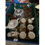 A collection of various ceramics Including model of a horse, blue and white ceramics, glass jug,