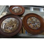 Three 19th century Staffordshire pot lids within oak frames To include Shakespeare's house, the