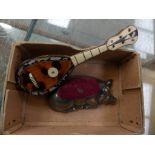 A Novelty silver pig pin cushion and a miniature tortoiseshell mandolin (2)