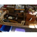 Collection of sundry items to include leather gaiters, box cameras, brass bell, marquetry box,