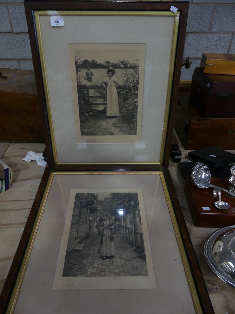 Two black and white artists prints Depicting woman in traditional rural scenes. (2)