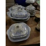 Four 19th Century earthenware blue and white tureens Decorated with Asiatic pheasants