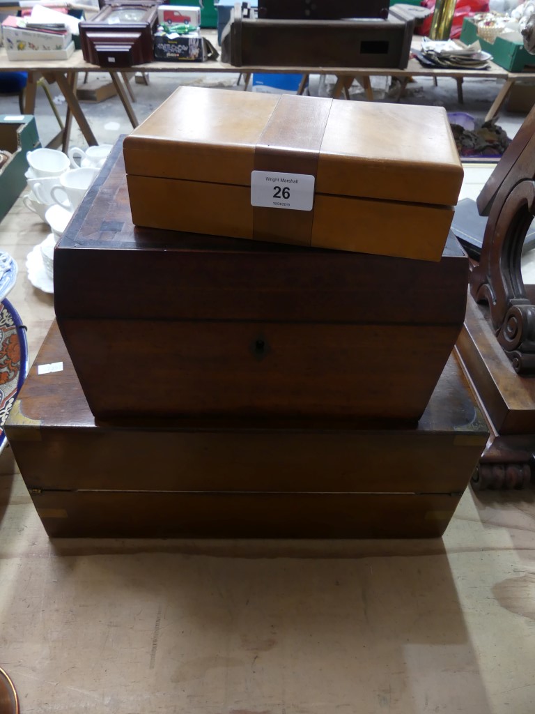 A collection of three various wooden boxes Including a rosewood writing slope, twin handled inlaid