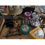 A collection of sundry items to include two silver plated teapots, old tins, a painted iron fox door