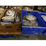 Three boxes of assorted glassware and china To include stoneware storage jars, blue and white