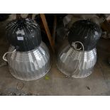 Two industrial style large hanging lights (sold electrically untested) in chromed metal and black