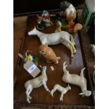 A collection of ornaments and figures to a tray, to include three Border fine art sheep figures, a