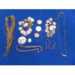 A selection of jewellery To include two threepence bracelets, two necklaces, two watch movements and