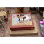 A Merrit chemistry outfit, a boxed fretwork outfit by Merrit, brass fire companions, copper jug,