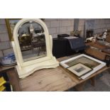 A painted Victorian style toilet mirror, oil on canvas, 'Sun Set', watercolour of a church and a