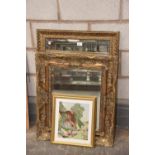 Two modern gilt wood bevelled wall mirrors and a needlework pictures and a needlwork picture. (3)