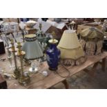 Nine assorted table lamps to including a pair of contemporary perspex column lamps, a Cloisonne vase