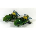 A pair of Minton Majolica dishes Formed as blue tits and oak leaves, length 20cm CONDITION REPORT/