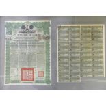 A Chinese Government 5% reorganisation gold loan 1913 certificate Certificate complete with 42