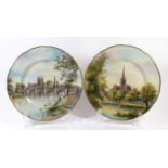 A pair of Royal Worcester hand painted cabinet plates Of circular form 'Hereford Cathedral' and '