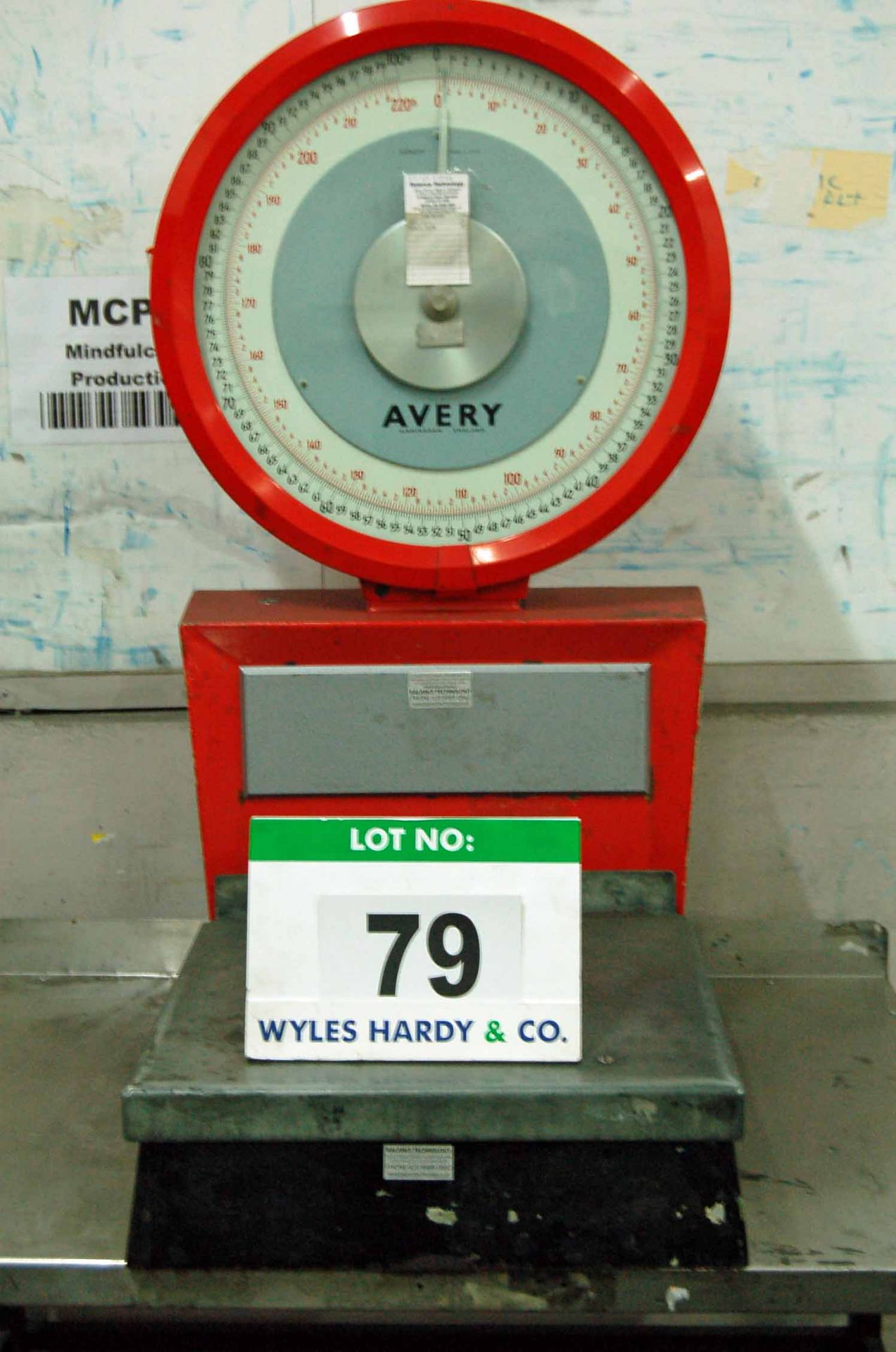 An AVERY 100Kg/220lb capacity Analogue Platform Scales and An Approx. 46 inches x 32 inches