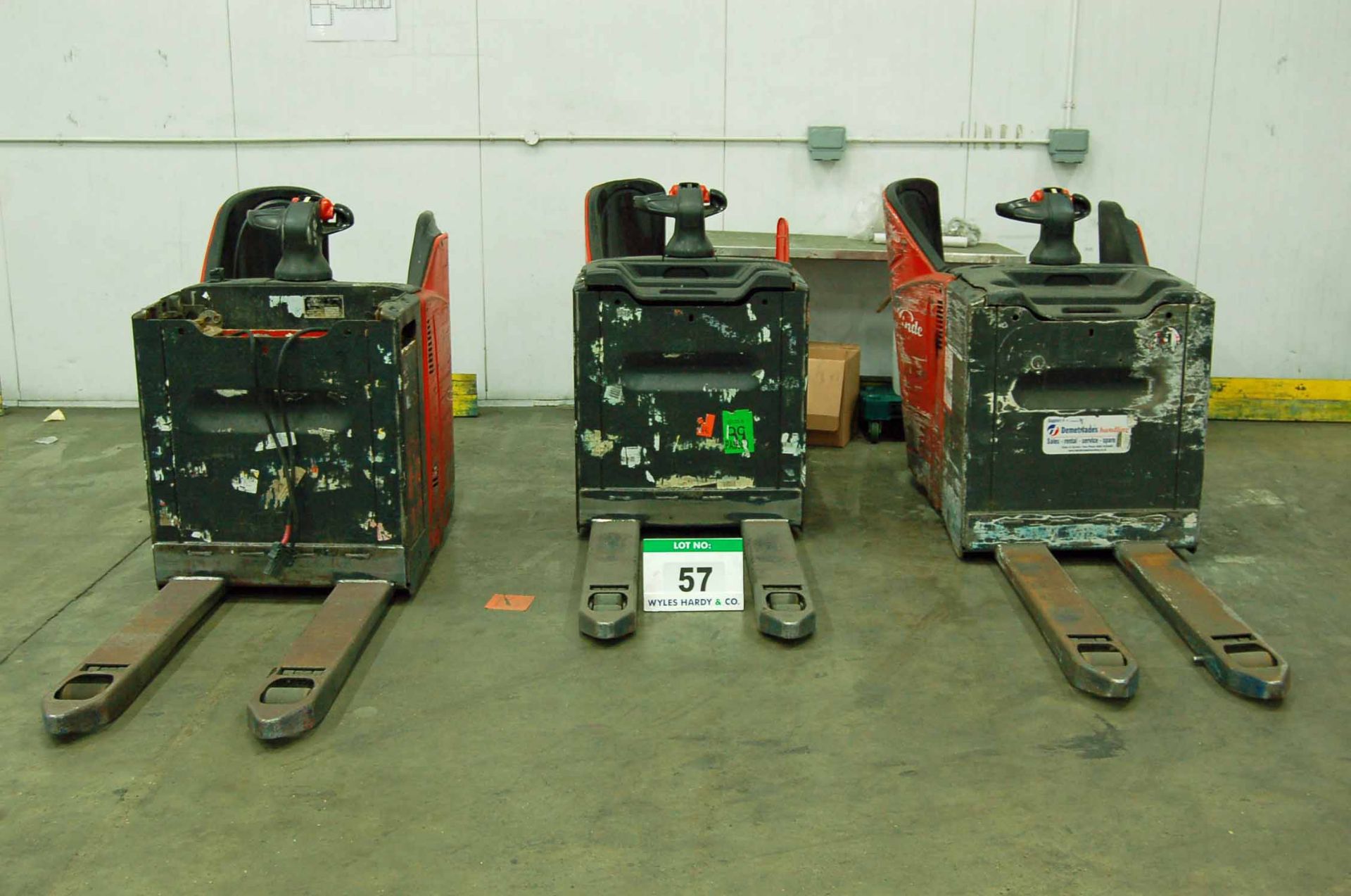 Three LINDE T20 Battery Electric Pedestrian Ride-On Pallet Lift Trucks with A Battery Charger for