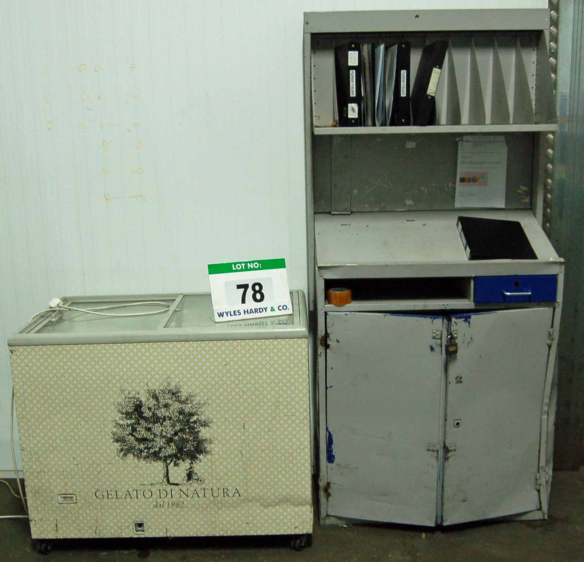 A Grey/Blue Steel Lectern Cabinet and A Glazed Display Chest Deep Freezer (240V)