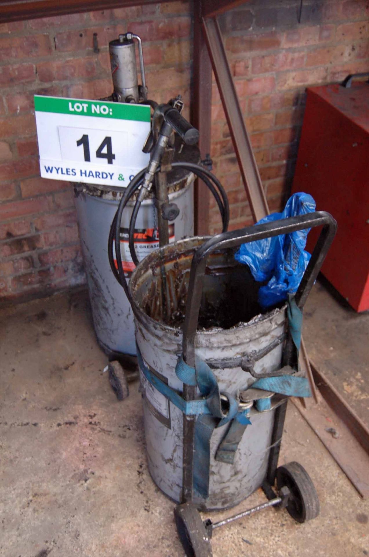 Two Various Steel Drum Trolleys (each for 50Kg capacity Drum), with A Pneumatic Grease Delivery