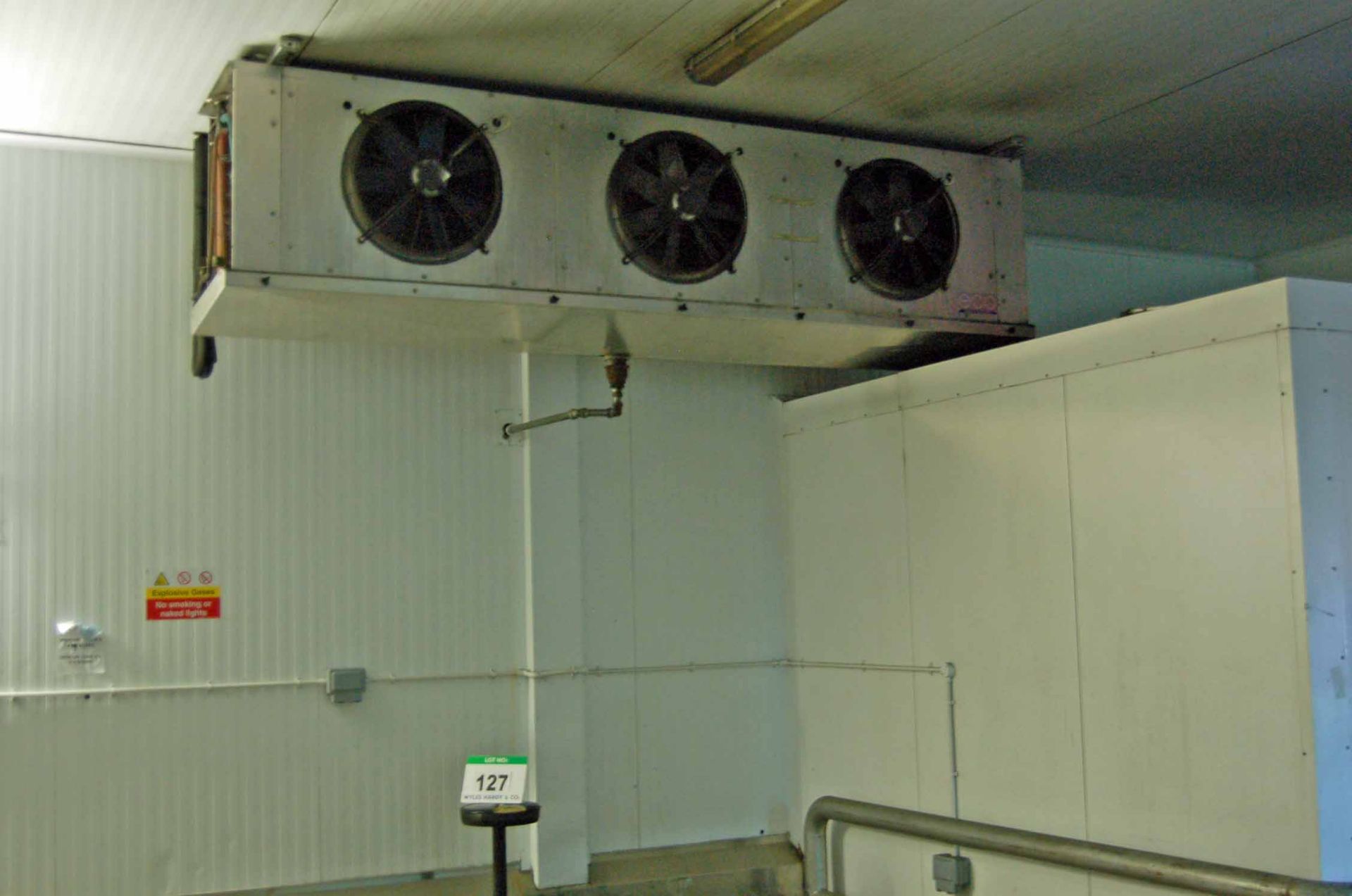 Two ECO COILS AND COOLERS Stainless Steel Clad Ceiling mounted Triple Fan Chiller Evaporator