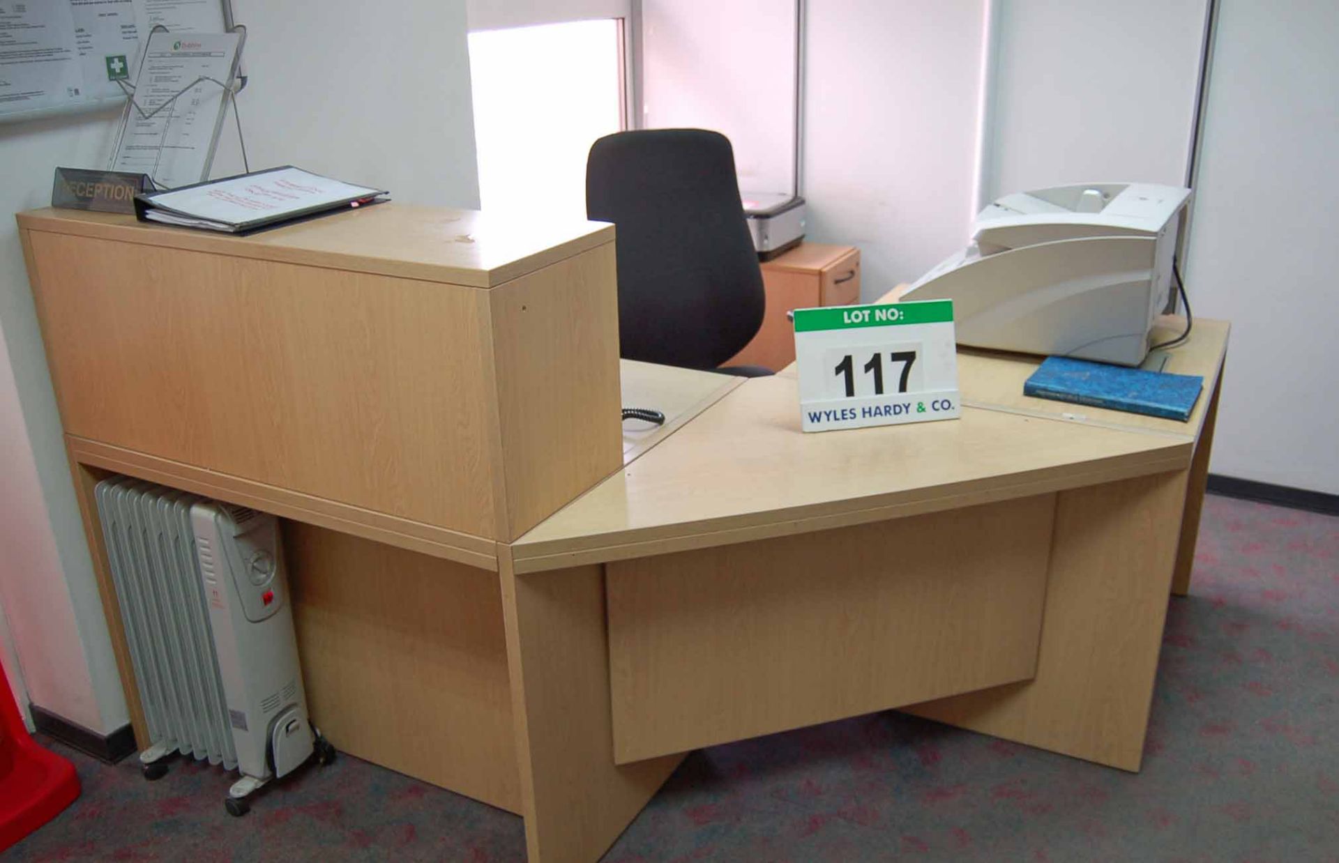 A Light Oak Effect 4-Piece Reception Right Angled Workstation, A Cherry Effect 3-Drawer Filing