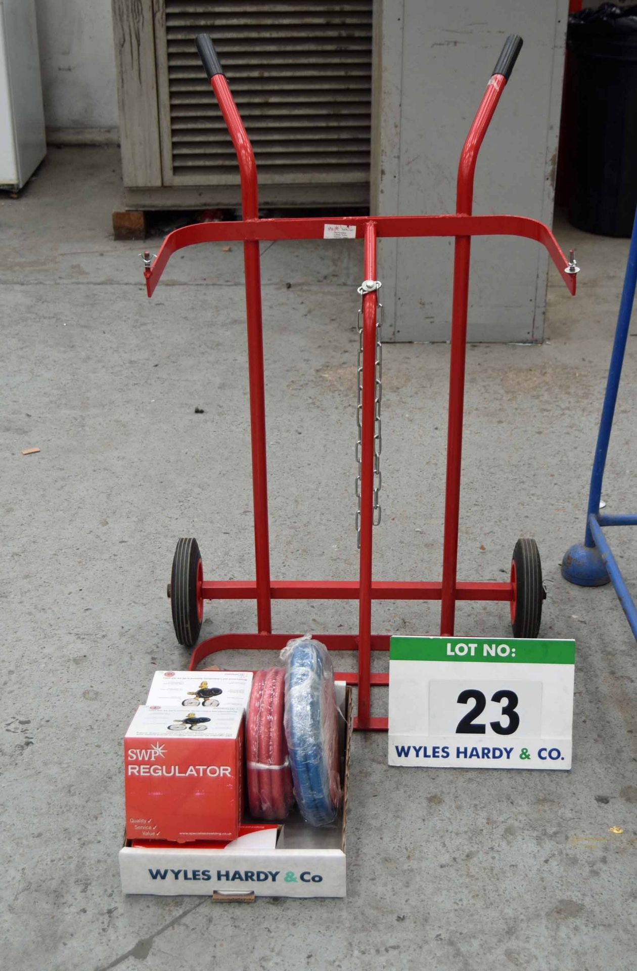 An Unused Twin Gas Bottle Trolley, Regulator Sets, Hoses and Hand Held Torch (As Photographed)