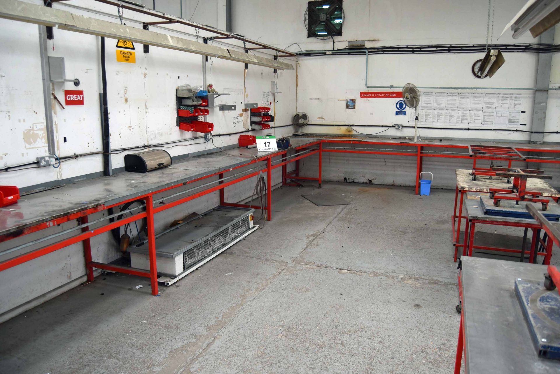 A Six Bay Welded Steel Workbench System with fitted Vice, Overhead Lighting where fitted, Four