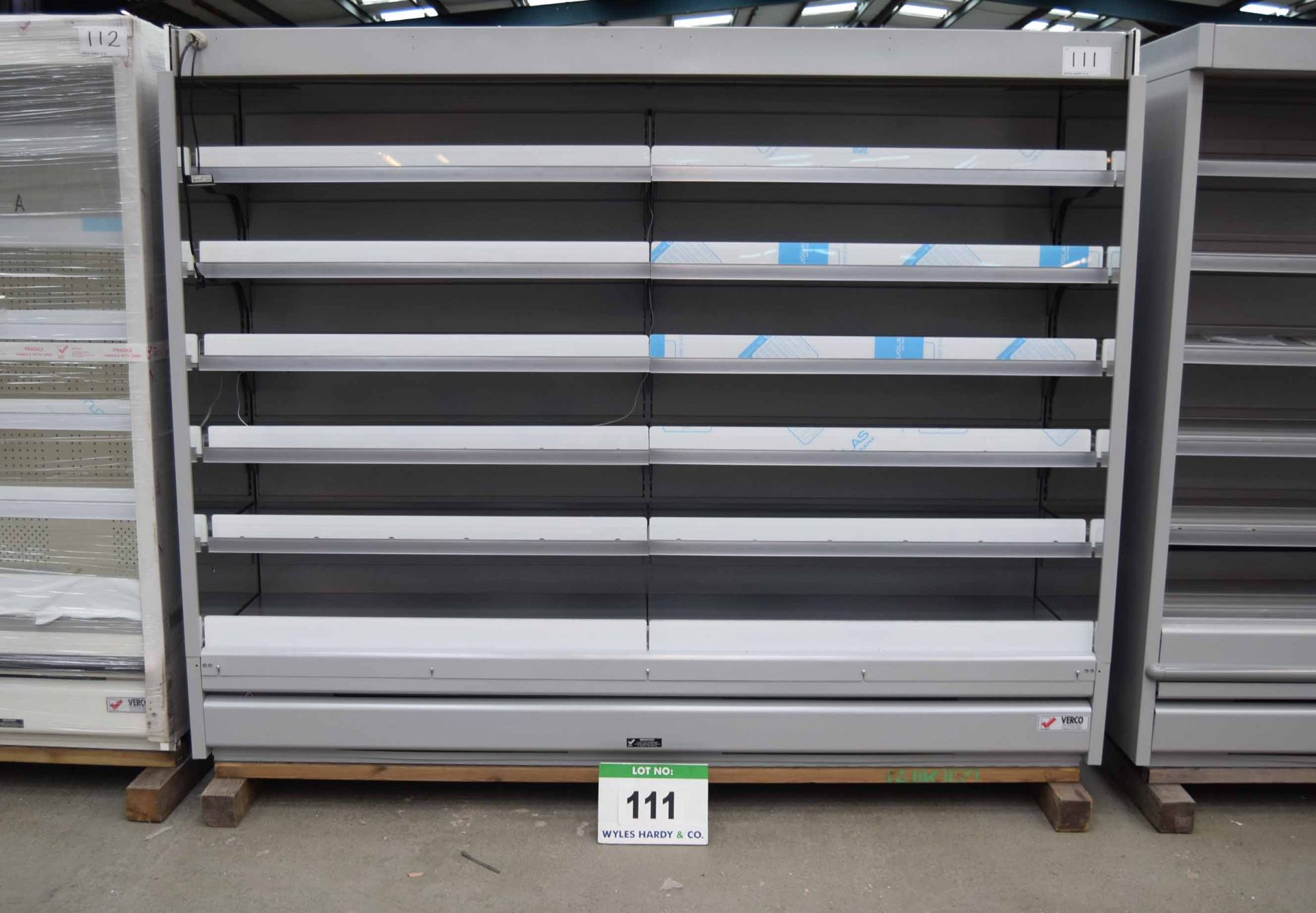 A VERCO 2500mm x 2035mm Multideck Chiller Cabinet (Unused) and Shelving Units (As Photographed)