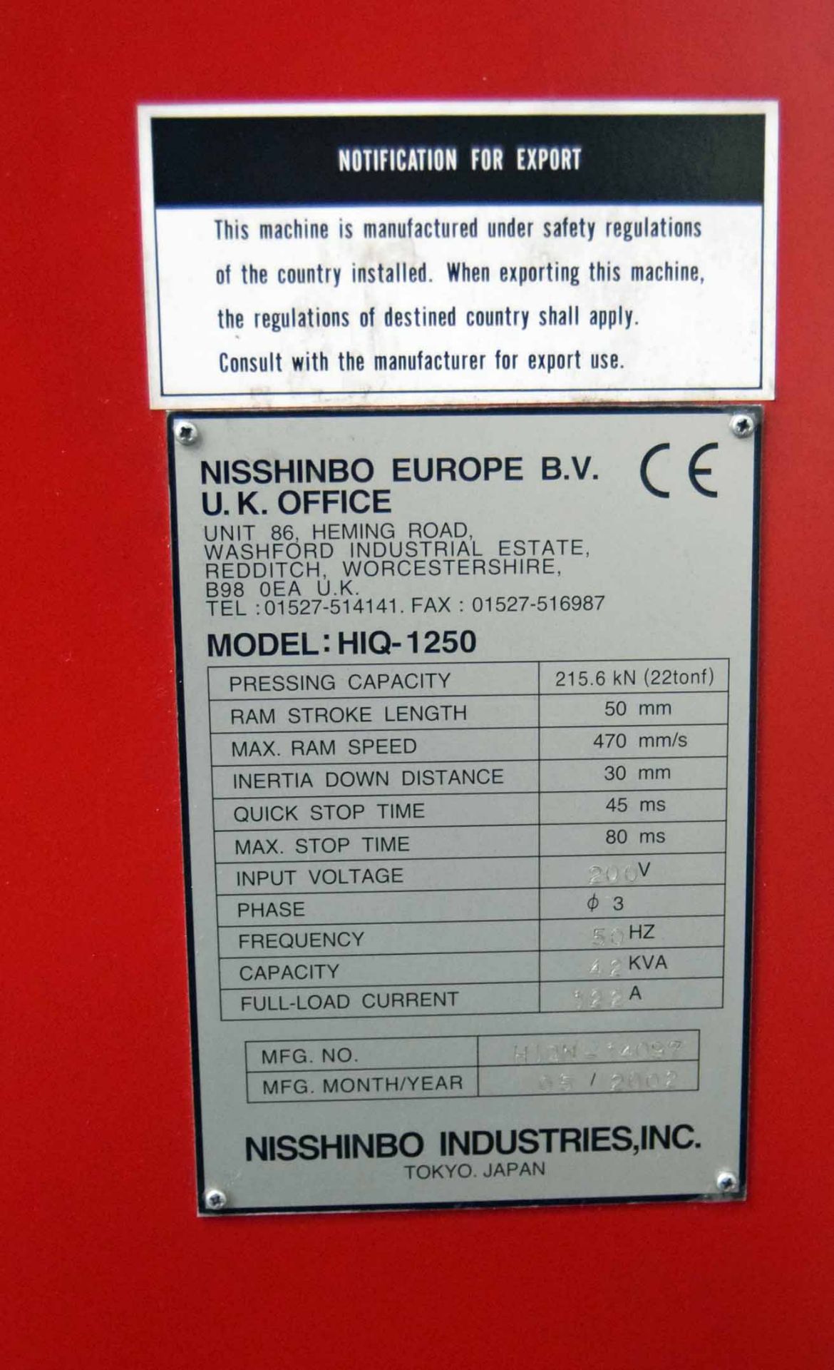 A 2002 NISSHINBO HIQ 1250 Turret Punch Press, Serial No. HIQN-14097 22-Ton capacity, 30-Station - Image 2 of 7